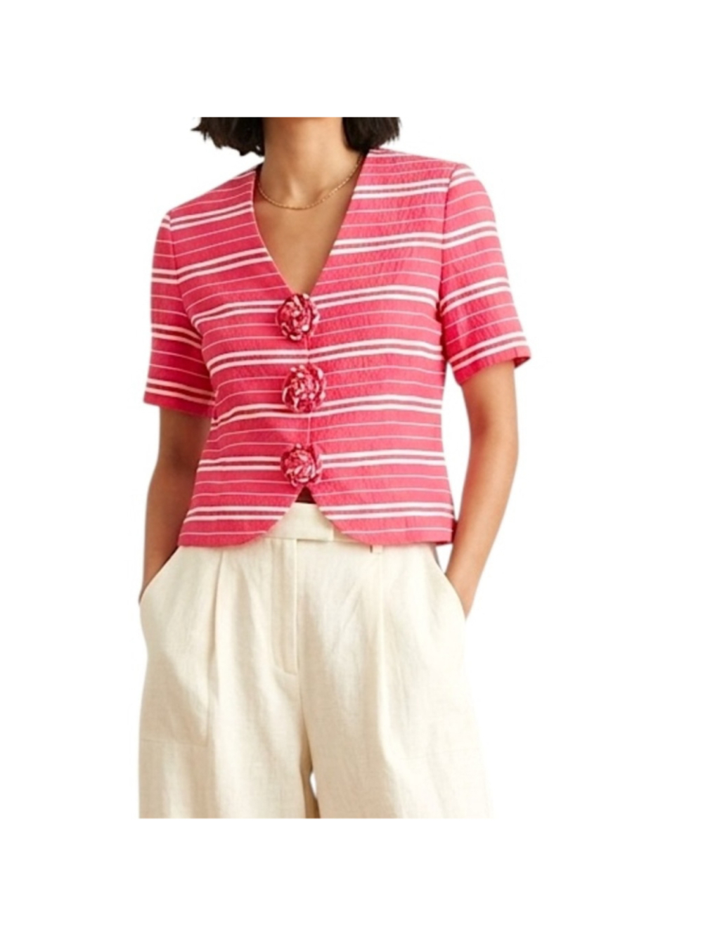 Vintage 80s 90s watermelon pink white stripe cropped rosette old money jacket 10